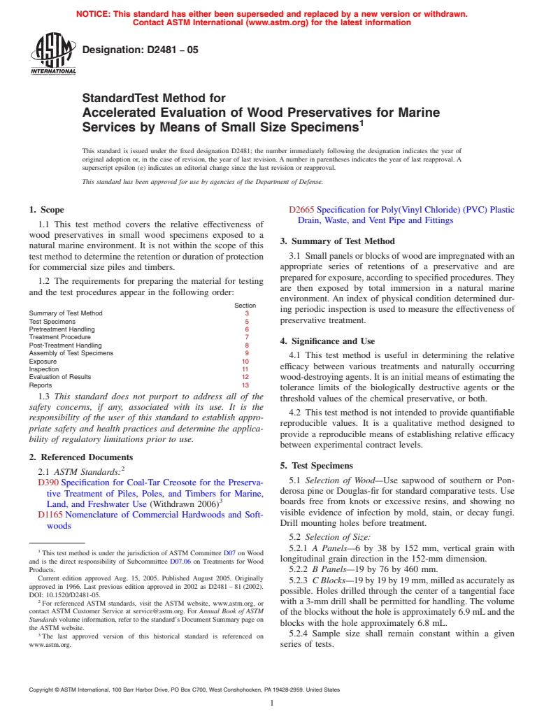 ASTM D2481-05 - Standard Test Method for Accelerated Evaluation of Wood Preservatives for Marine Services by Means of Small Size Specimens (Withdrawn 2014)