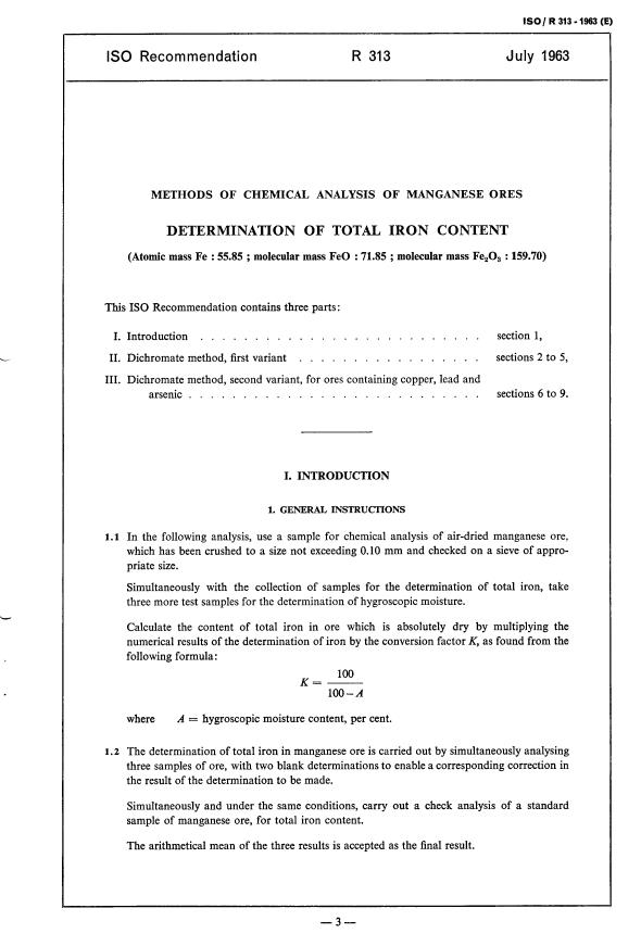 ISO/R 313:1963 - Methods of chemical analysis of manganese ores -- Determination of total iron content