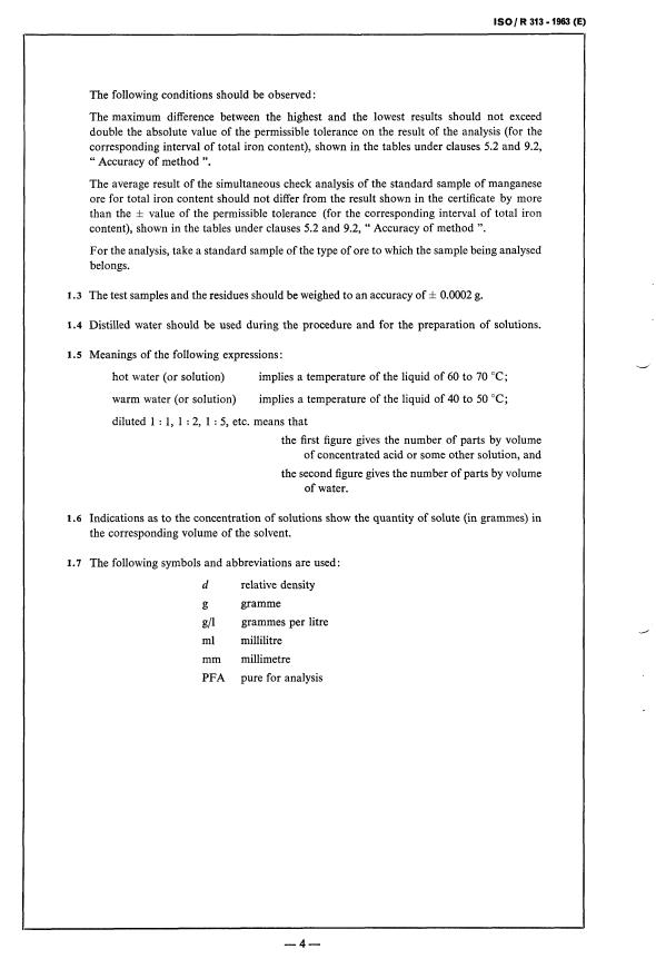 ISO/R 313:1963 ISO/R 313:1963 - Methods of chemical analysis of manganese ores -- Determination of total iron content - Page 4 preview