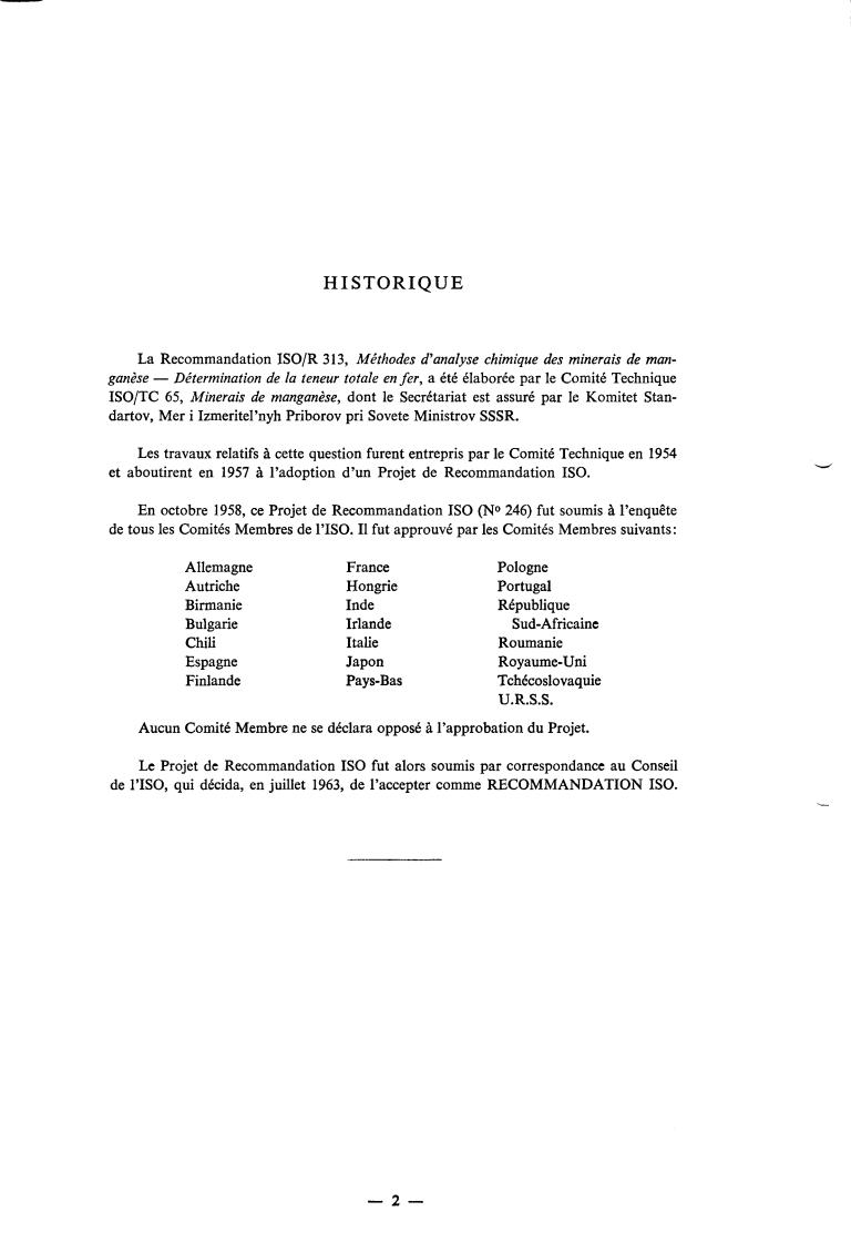ISO/R 313:1963 ISO/R 313:1963 - Methods of chemical analysis of manganese ores — Determination of total iron content
Released:7/1/1963 - Page 2 preview