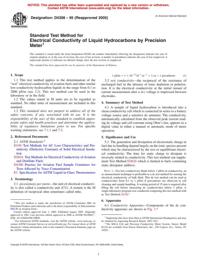 ASTM D4308-95(2005) - Standard Test Method for Electrical Conductivity of Liquid Hydrocarbons by Precision Meter