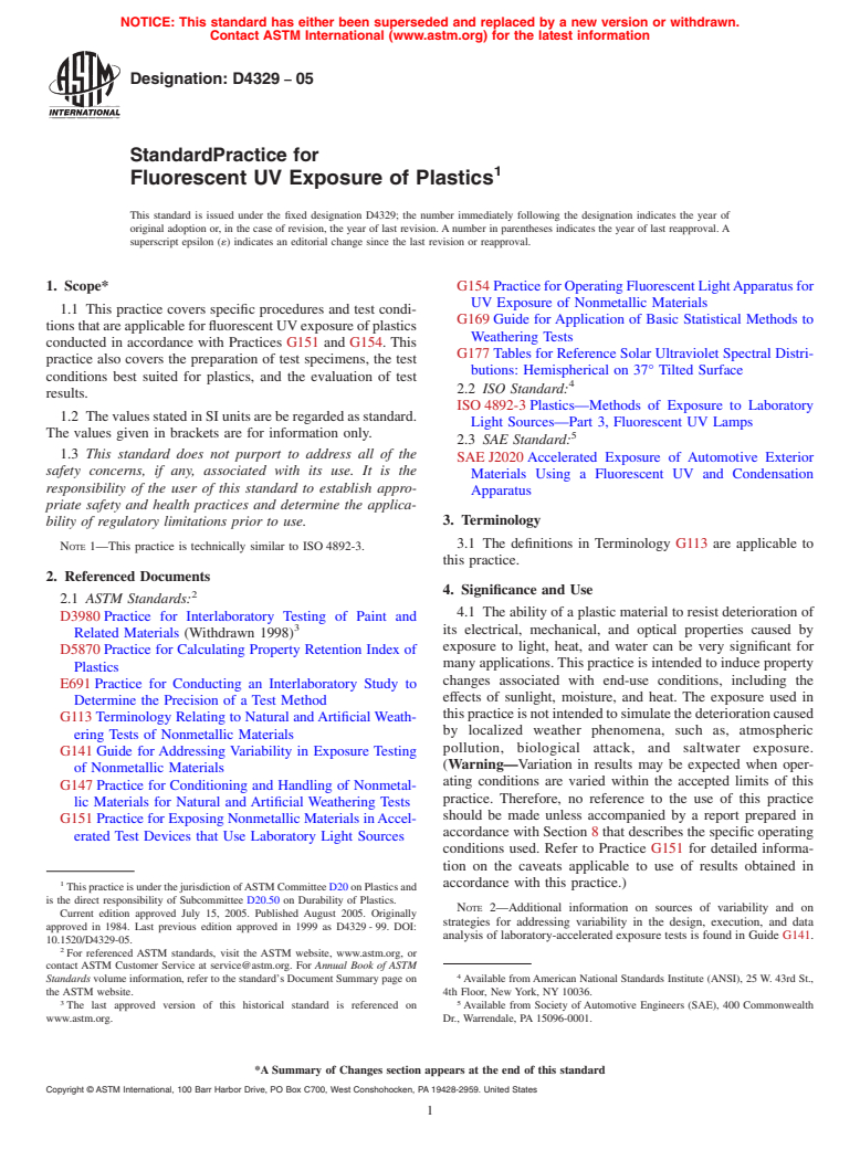 ASTM D4329-05 - Standard Practice for Fluorescent UV Exposure of Plastics