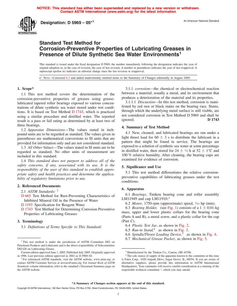 ASTM D5969-05e1 - Standard Test Method for Corrosion-Preventive Properties of Lubricating Greases in Presence of Dilute Synthetic Sea Water Environments