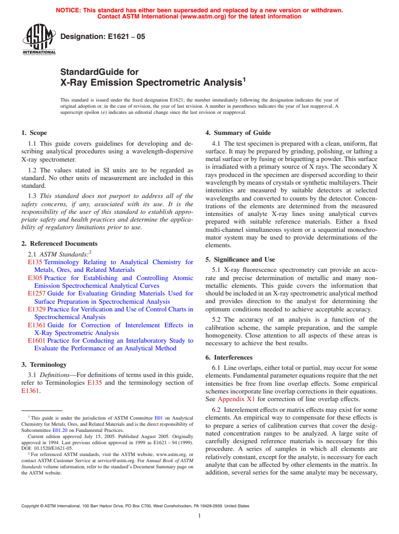 ASTM E1621-05 - Standard Guide for X-Ray Emission Spectrometric Analysis