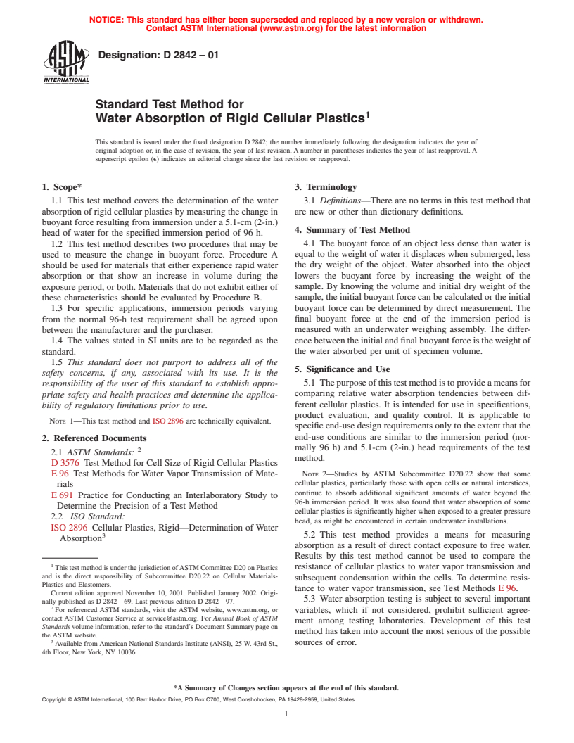 ASTM D2842-01 - Standard Test Method for Water Absorption of Rigid Cellular Plastics