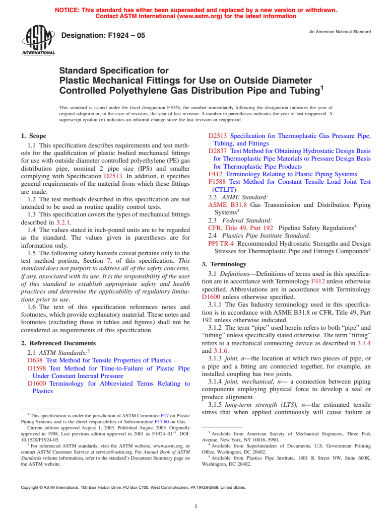 ASTM F1924-05 - Standard Specification for Plastic Mechanical Fittings for Use on Outside Diameter Controlled Polyethylene Gas Distribution Pipe and Tubing