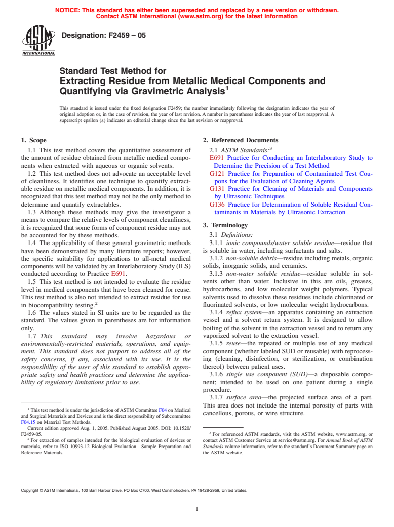 ASTM F2459-05 - Standard Test Method for Extracting Residue from Metallic Medical Components and Quantifying via Gravimetric Analysis