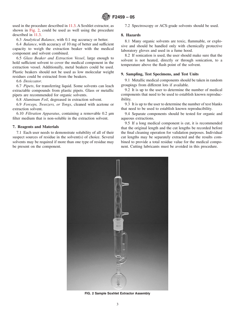 ASTM F2459-05 - Standard Test Method for Extracting Residue from Metallic Medical Components and Quantifying via Gravimetric Analysis