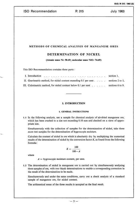 ISO/R 315:1963 - Methods of chemical analysis of manganese ores -- Determination of nickel