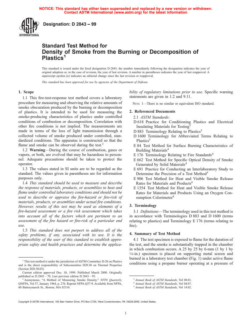 ASTM D2843-99 - Standard Test Method for Density of Smoke from the Burning or Decomposition of Plastics