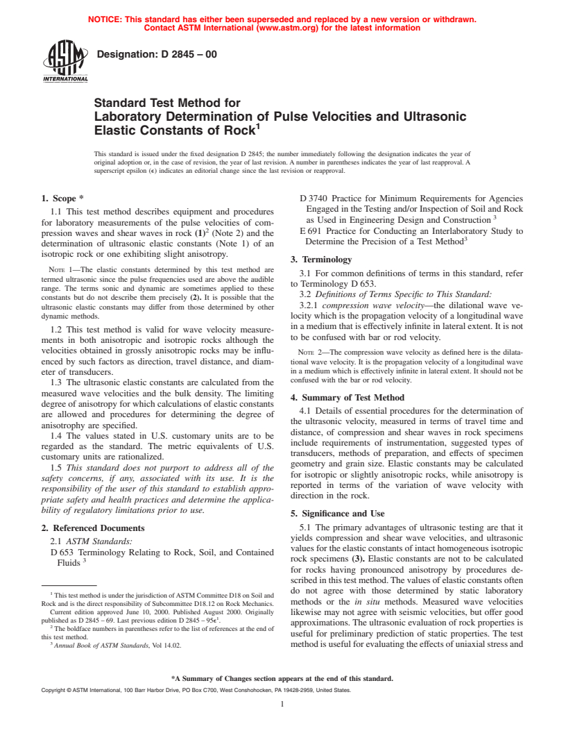 ASTM D2845-00 - Standard Test Method for Laboratory Determination of Pulse Velocities and Ultrasonic Elastic Constants of Rock