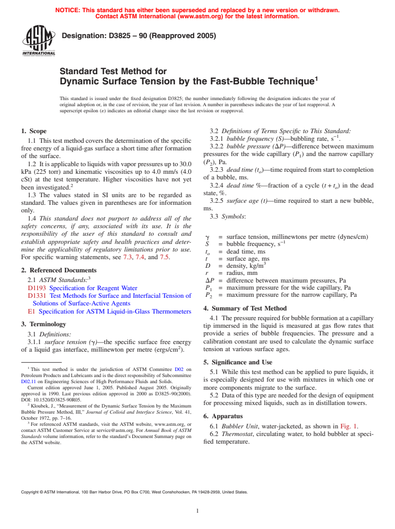 ASTM D3825-90(2005) - Standard Test Method for Dynamic Surface Tension by the Fast-Bubble Technique