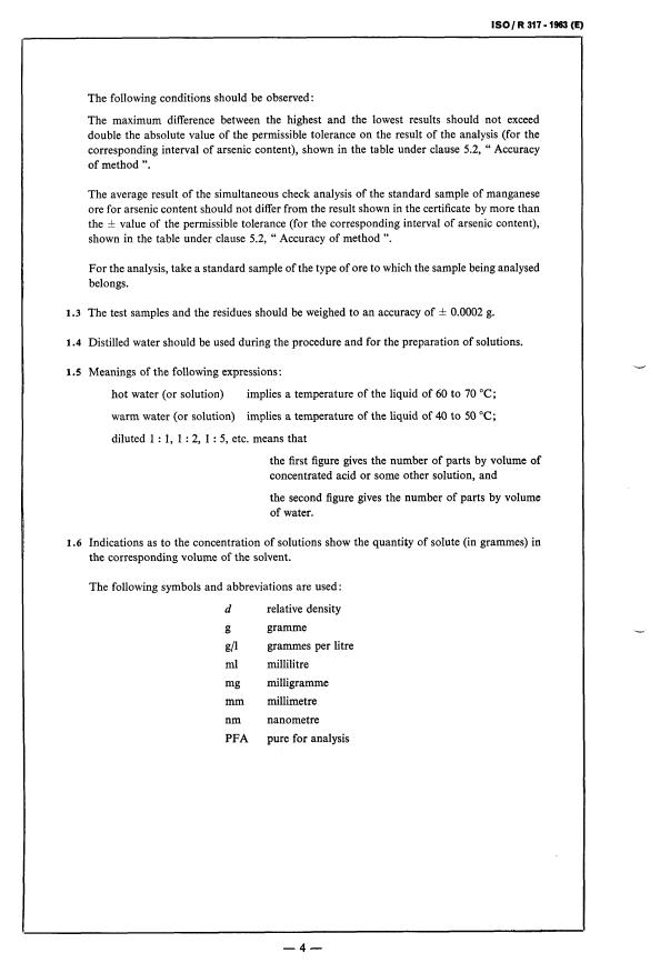ISO/R 317:1963 ISO/R 317:1963 - Methods of chemical analysis of manganese ores -- Determination of arsenic - Page 4 preview
