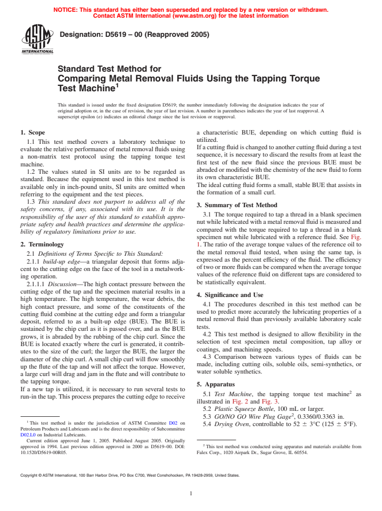 ASTM D5619-00(2005) - Standard Test Method for Comparing Metal Removal Fluids Using the Tapping Torque Test Machine