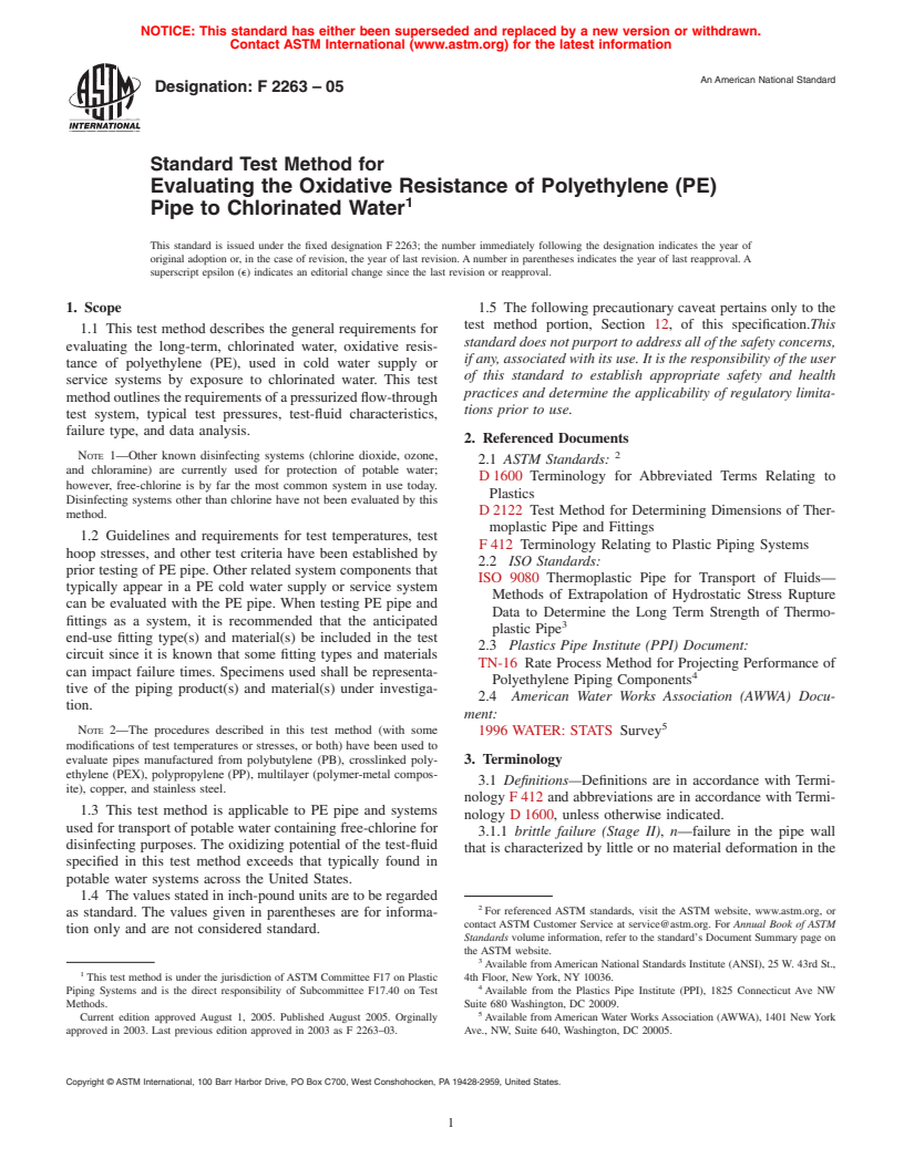 ASTM F2263-05 - Standard Test Method for Evaluating the Oxidative Resistance of Polyethylene (PE) Pipe to Chlorinated Water