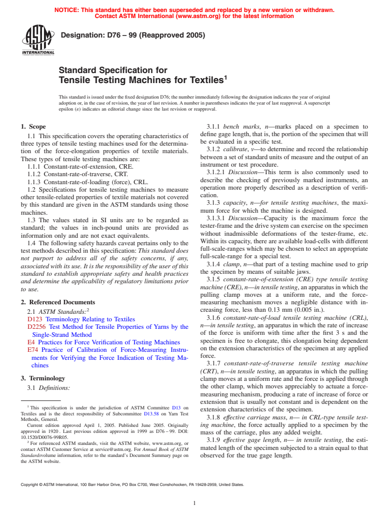 ASTM D76-99(2005) - Standard Specification for Tensile Testing Machines for Textiles