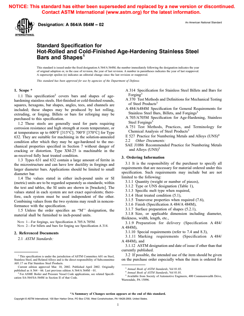 ASTM A564/A564M-02 - Standard Specification for Hot-Rolled and Cold-Finished Age-Hardening Stainless Steel Bars and Shapes