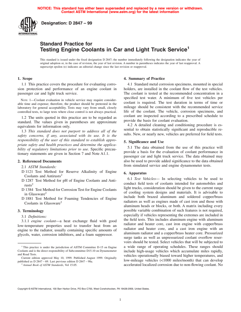 ASTM D2847-99 - Standard Practice for Testing Engine Coolants in Car and Light Truck Service