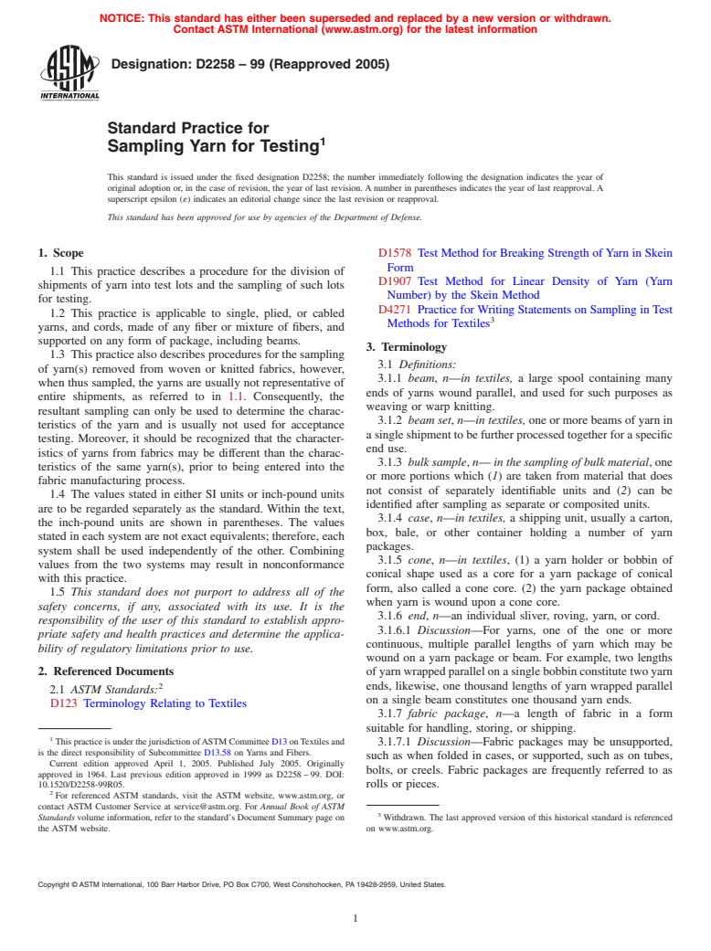ASTM D2258-99(2005) - Standard Practice for Sampling Yarn for Testing