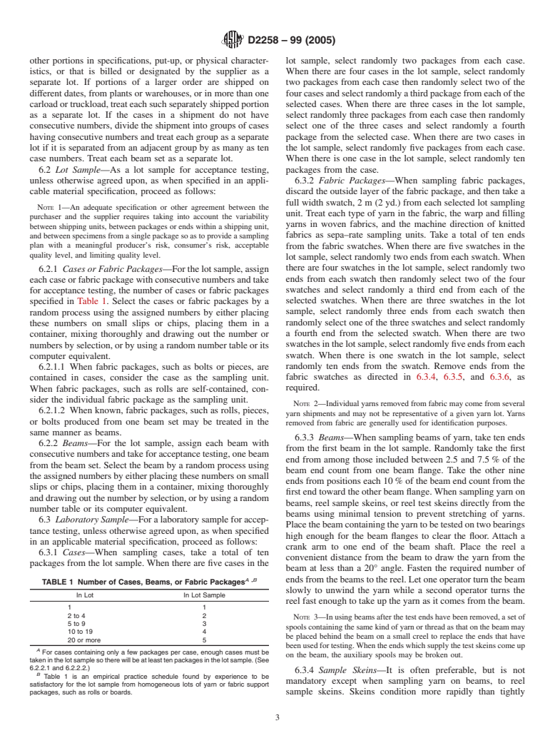 ASTM D2258-99(2005) - Standard Practice for Sampling Yarn for Testing