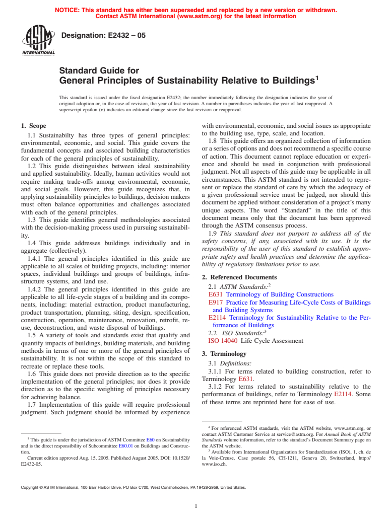 ASTM E2432-05 - Standard Guide for General Principles of Sustainability Relative to Buildings