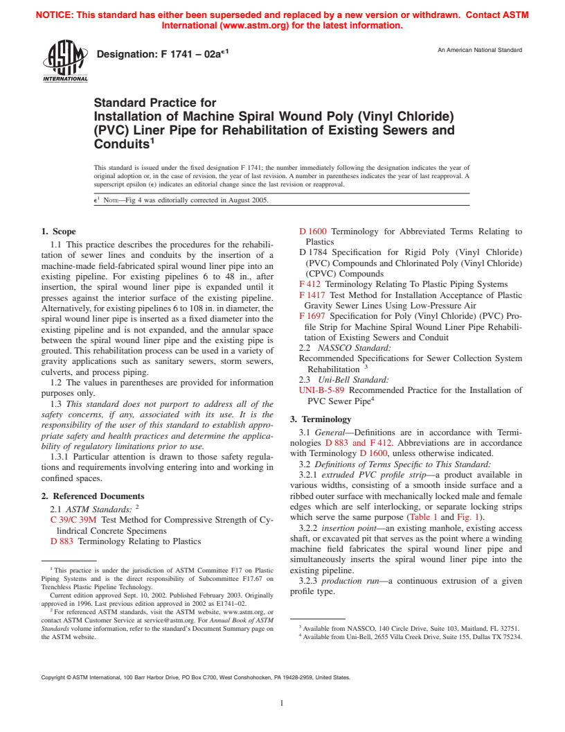 ASTM F1741-02ae1 - Standard Practice for Installation of Machine Spiral Wound Poly (Vinyl Chloride) (PVC) Liner Pipe for Rehabilitation of Existing Sewers and Conduits