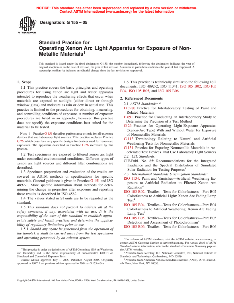 ASTM G155-05 - Standard Practice for Operating Xenon Arc Light Apparatus for Exposure of Non-Metallic Materials