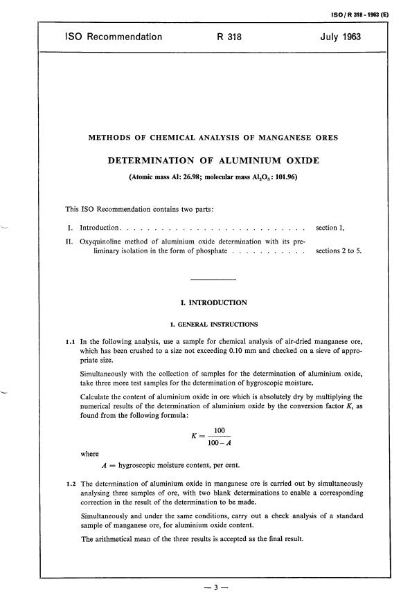 ISO/R 318:1963 - Methods of chemical analysis of manganese ores -- Determination of aluminium oxide