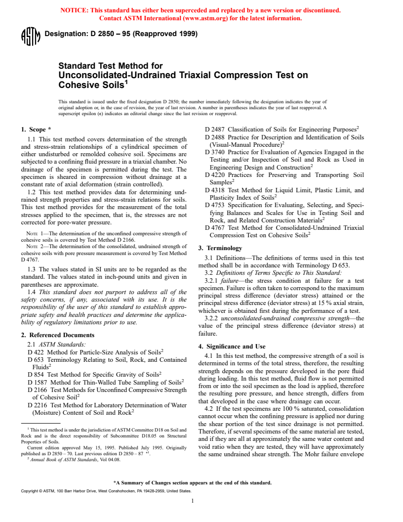 ASTM D2850-95(1999) - Standard Test Method for Unconsolidated-Undrained Triaxial CompressionTest on Cohesive Soils