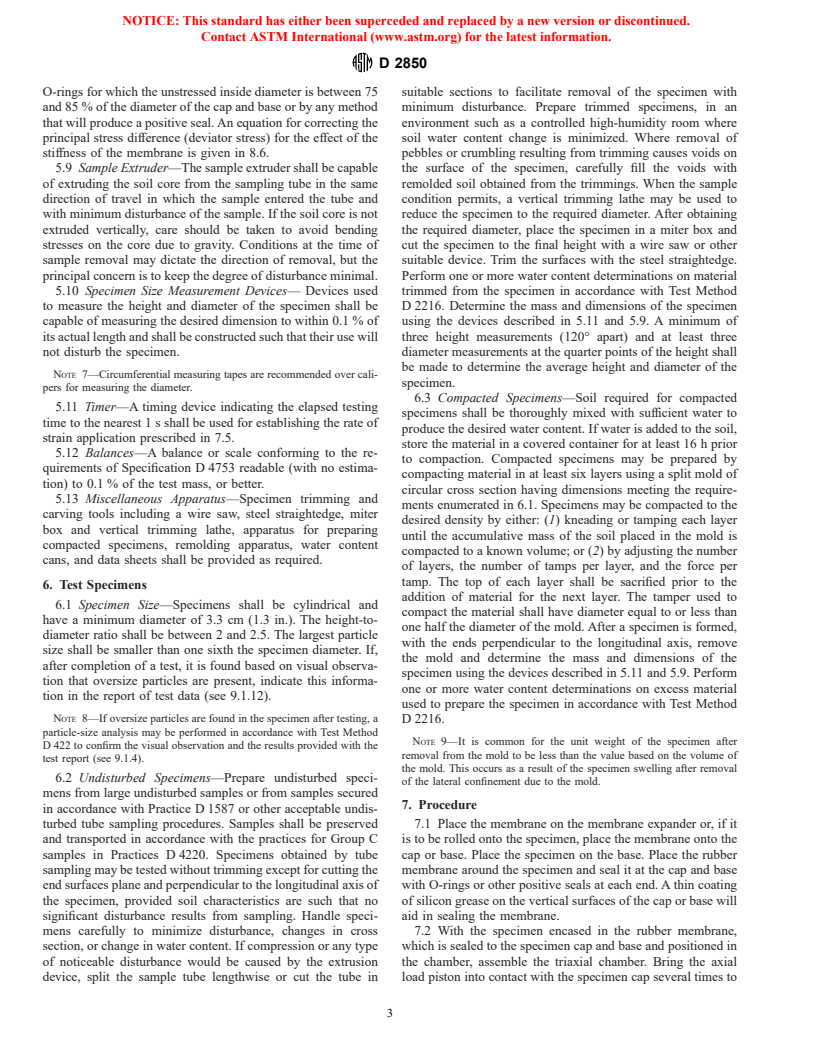 ASTM D2850-95(1999) - Standard Test Method for Unconsolidated-Undrained Triaxial CompressionTest on Cohesive Soils