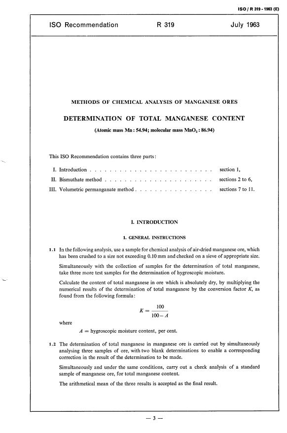ISO/R 319:1963 - Methods of chemical analysis of manganese ores -- Determination of total manganese content