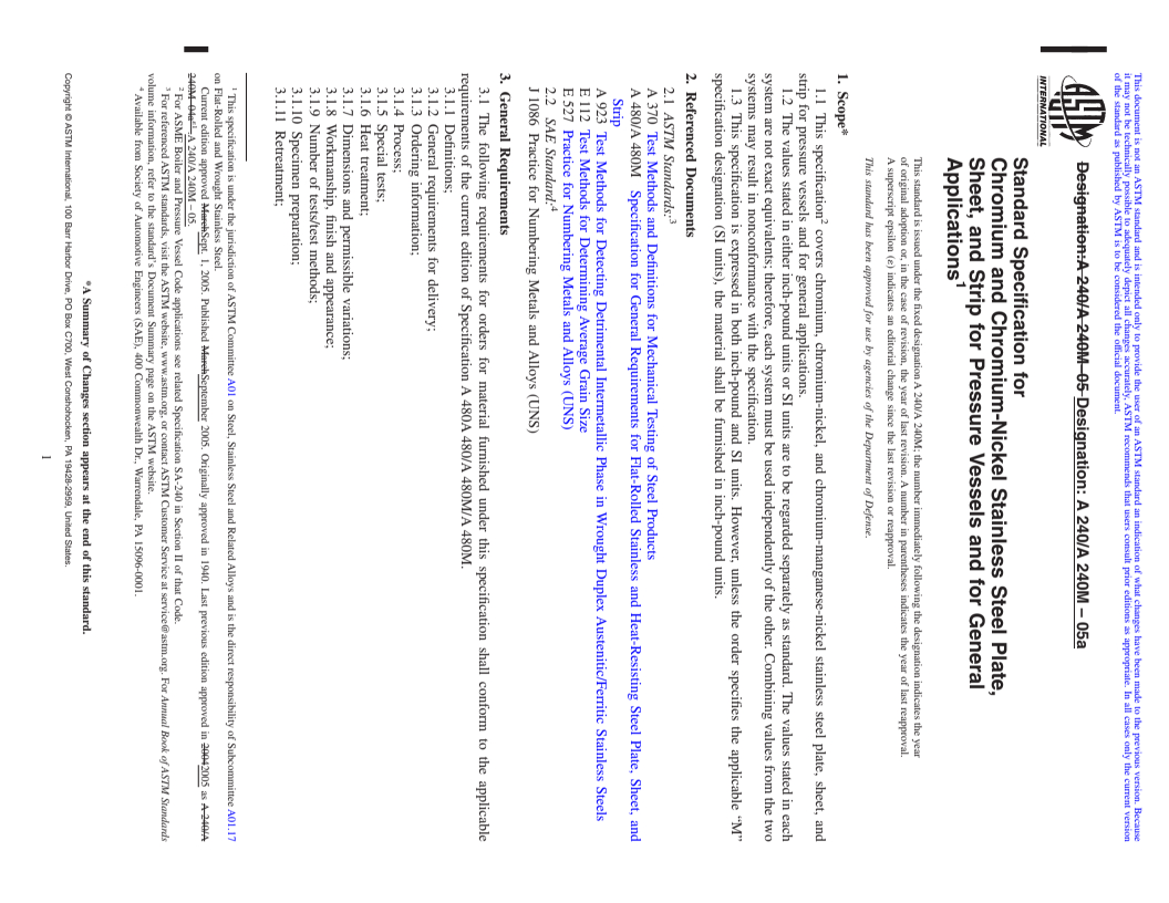 REDLINE ASTM A240/A240M-05a - Standard Specification for Chromium and Chromium-Nickel Stainless Steel Plate, Sheet, and Strip for Pressure Vessels and for General Applications