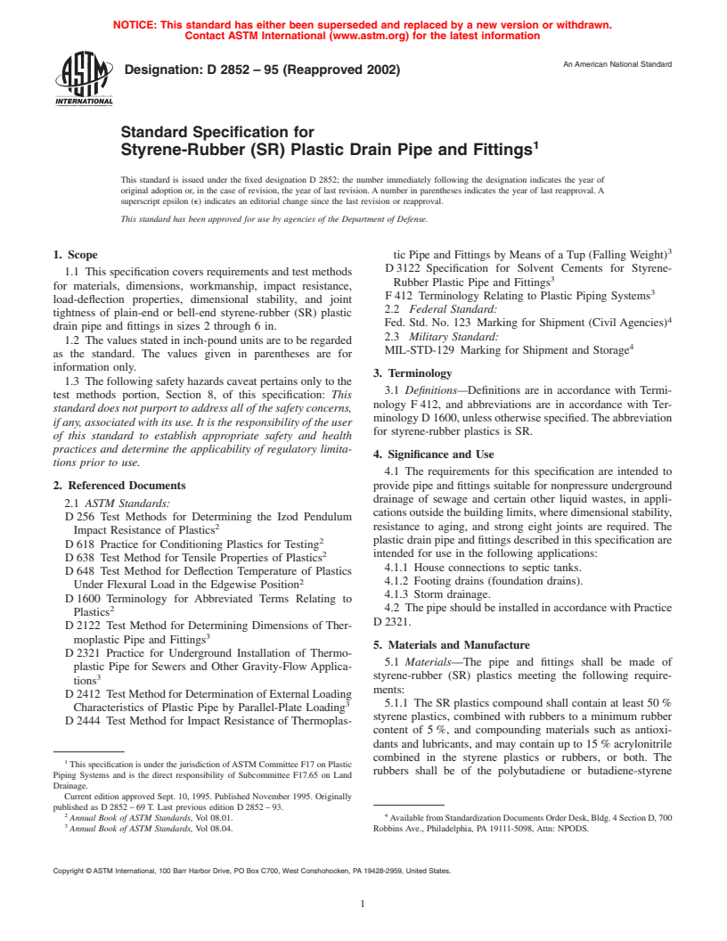 ASTM D2852-95(2002) - Standard Specification for Styrene-Rubber (SR) Plastic Drain Pipe and Fittings