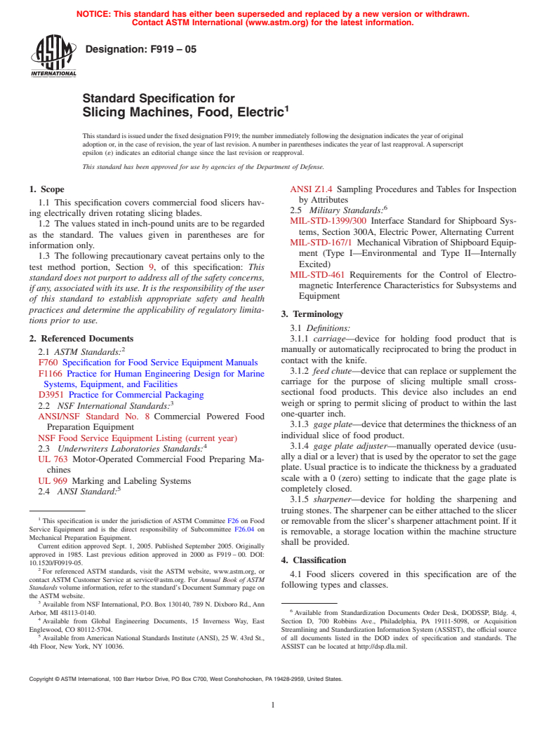 ASTM F919-05 - Standard Specification for Slicing Machines, Food, Electric