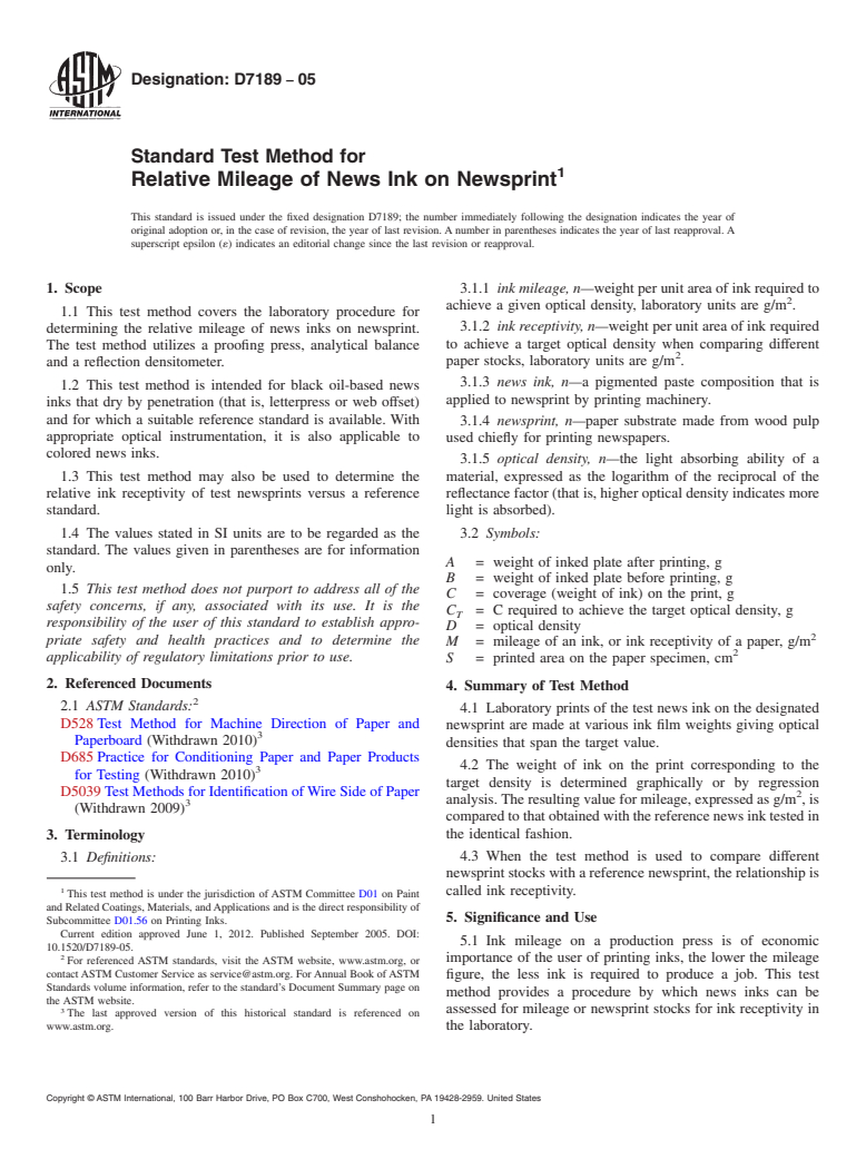 ASTM D7189-05 - Standard Test Method for Relative Mileage of News Ink on Newsprint