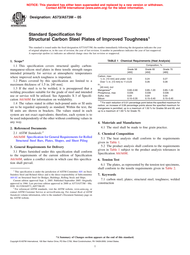 ASTM A573/A573M-05 - Standard Specification for Structural Carbon Steel Plates of Improved Toughness