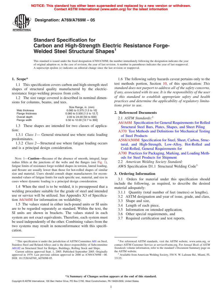 ASTM A769/A769M-05 - Standard Specification for Carbon and High-Strength Electric Resistance Forge-Welded Steel Structural Shapes