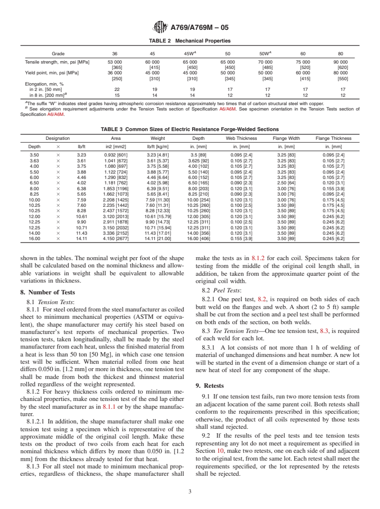 ASTM A769/A769M-05 - Standard Specification for Carbon and High-Strength Electric Resistance Forge-Welded Steel Structural Shapes