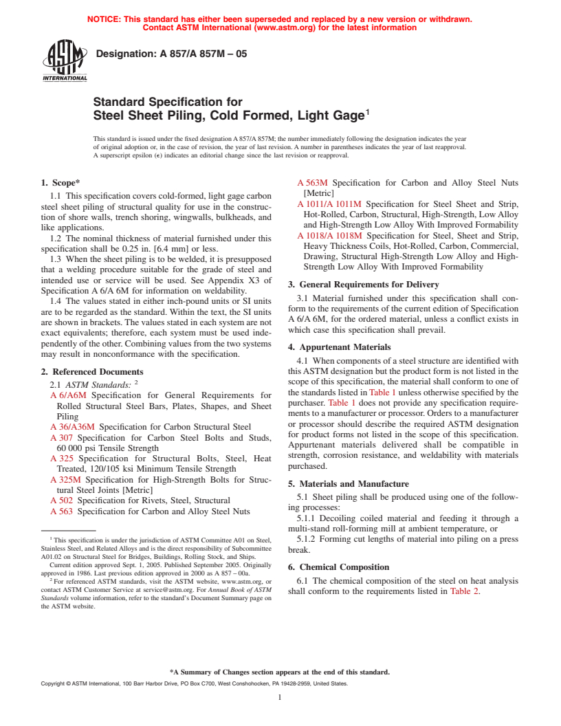 ASTM A857/A857M-05 - Standard Specification for Steel Sheet Piling, Cold Formed, Light Gage