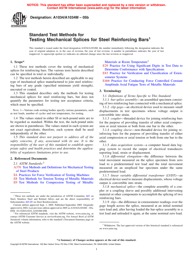 ASTM A1034/A1034M-05b - Standard Test Methods for Testing Mechanical Splices for Steel Reinforcing Bars