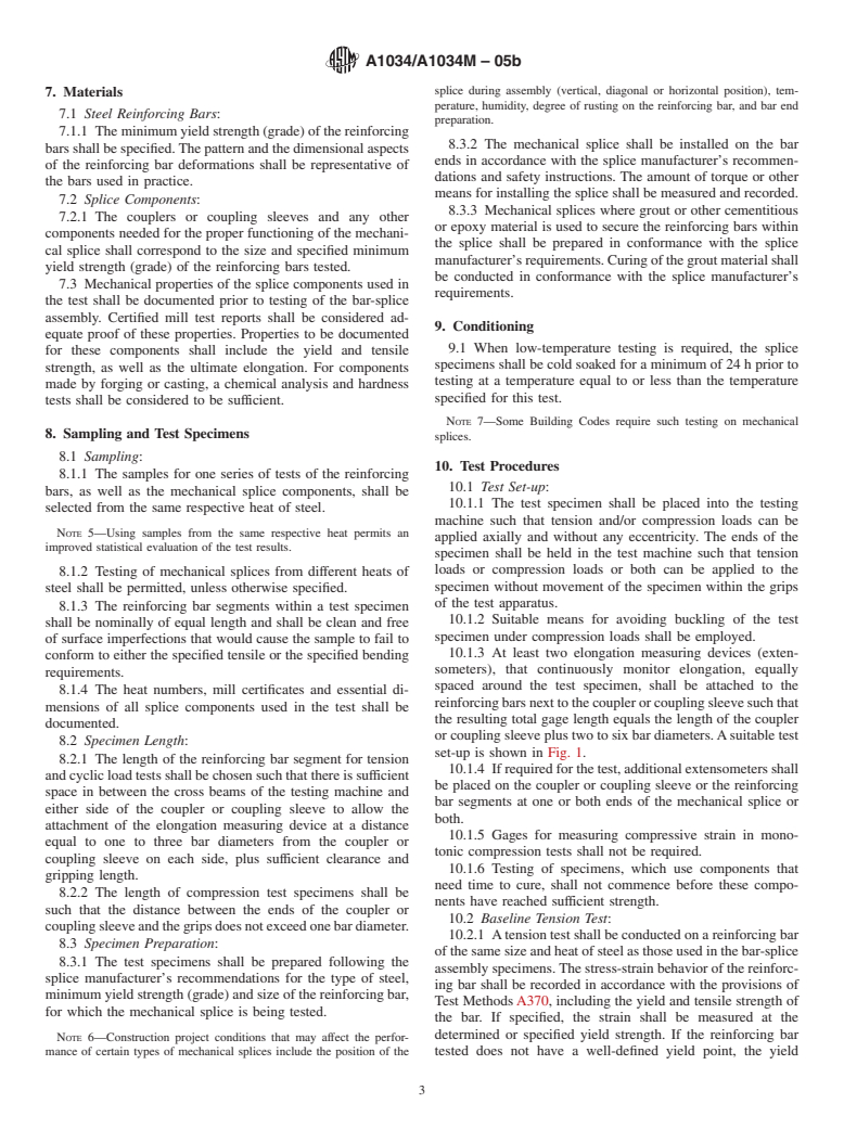 ASTM A1034/A1034M-05b - Standard Test Methods for Testing Mechanical Splices for Steel Reinforcing Bars