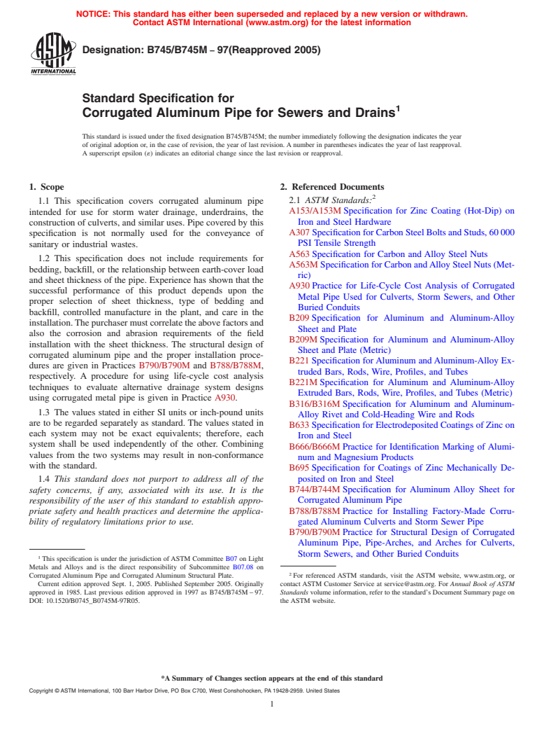 ASTM B745/B745M-97(2005) - Standard Specification for Corrugated Aluminum Pipe for Sewers and Drains