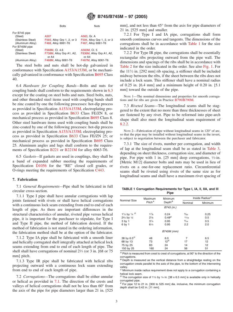 ASTM B745/B745M-97(2005) - Standard Specification for Corrugated Aluminum Pipe for Sewers and Drains