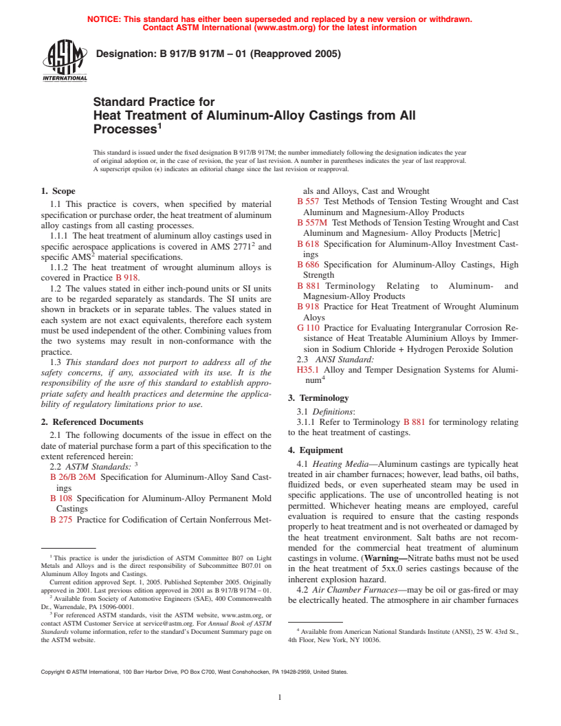 ASTM B917/B917M-01(2005) - Standard Practice for Heat Treatment of Aluminum-Alloy Castings from All Processes