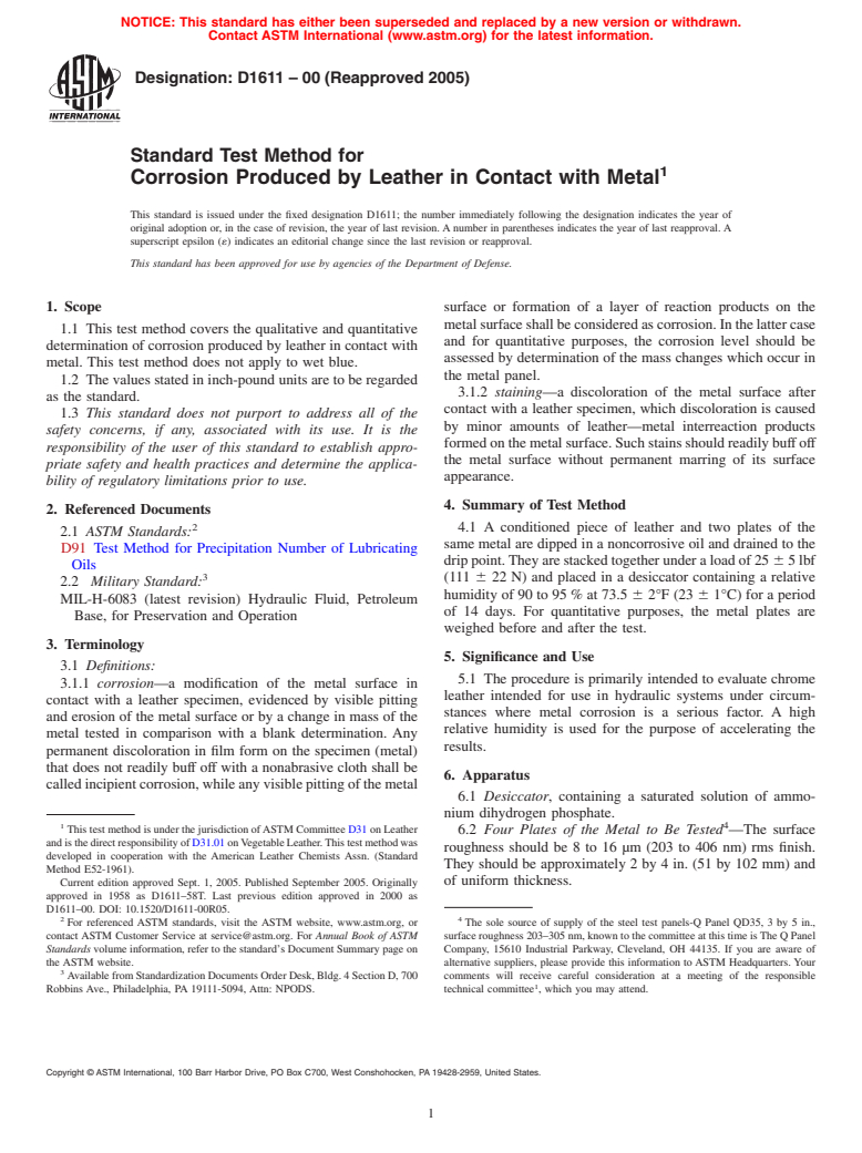 ASTM D1611-00(2005) - Standard Test Method for Corrosion Produced by Leather in Contact with Metal