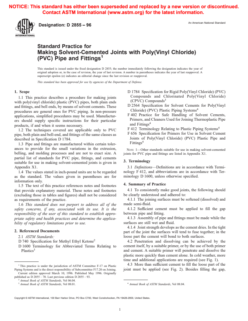 ASTM D2855-96 - Standard Practice for Making Solvent-Cemented Joints with Poly(Vinyl Chloride) (PVC) Pipe and Fittings