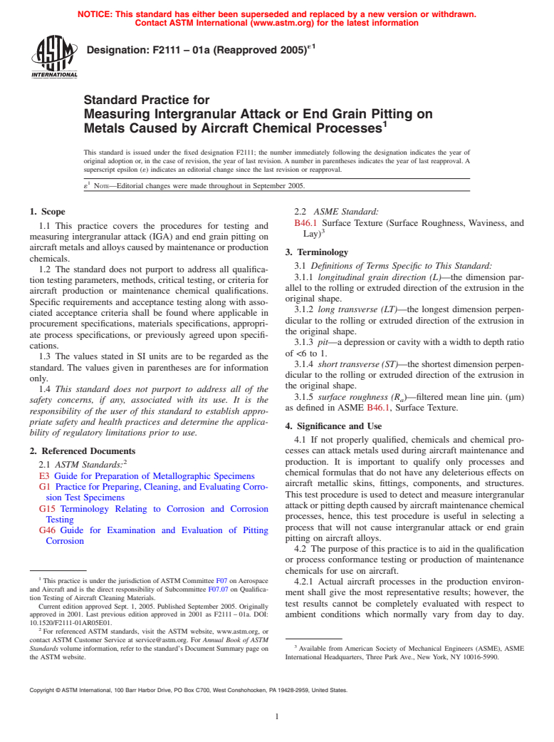 ASTM F2111-01a(2005)e1 - Standard Practice for Measuring Intergranular Attack or End Grain Pitting on Metals Caused by Aircraft Chemical Processes