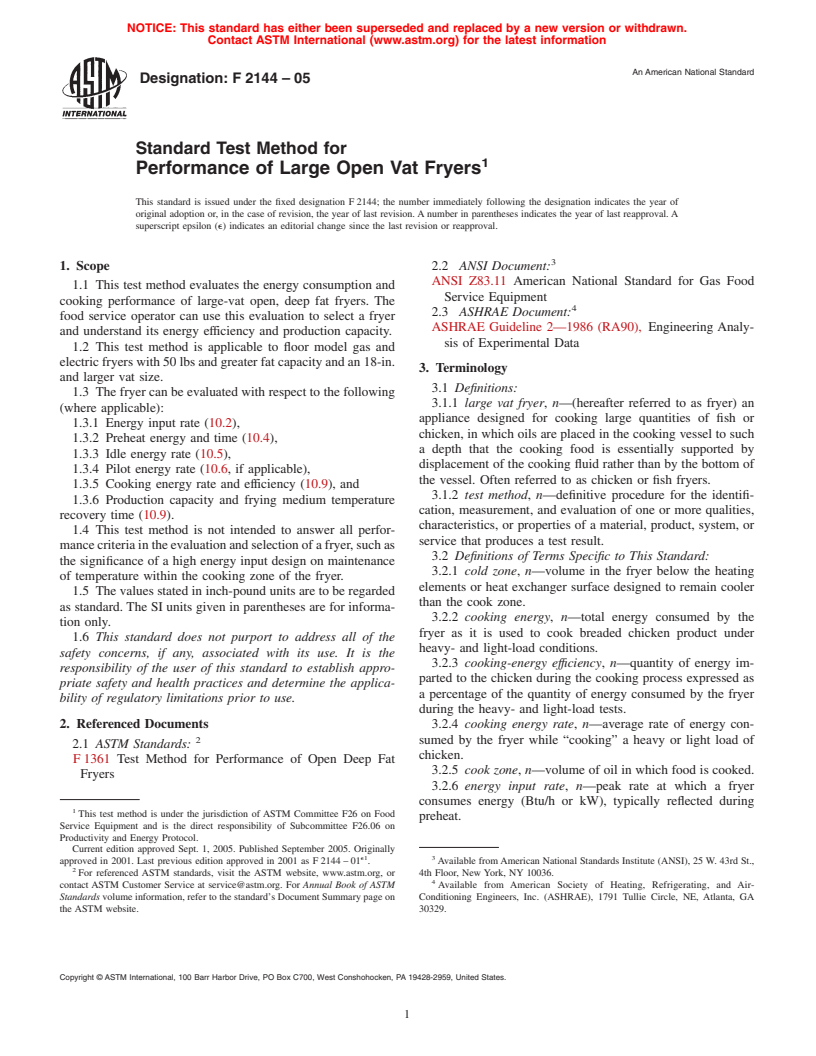 ASTM F2144-05 - Standard Test Method for Performance of Large Open Vat Fryers