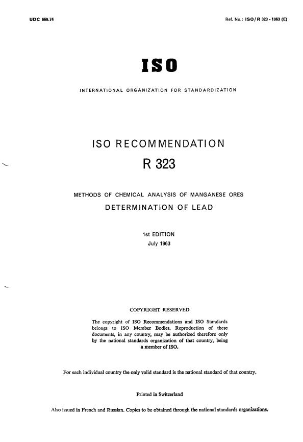ISO/R 323:1963 - Methods of chemical analysis of manganese ores -- Determination of lead