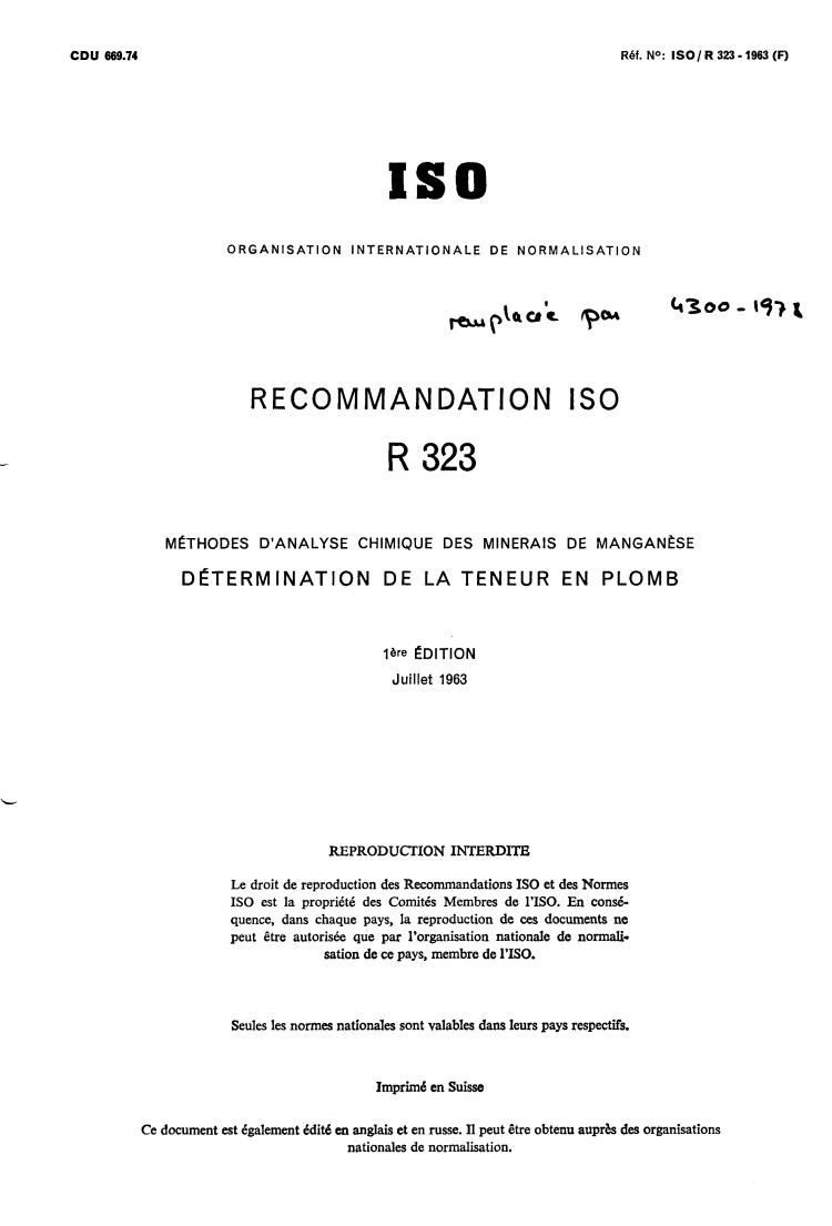 ISO/R 323:1963 - Methods of chemical analysis of manganese ores — Determination of lead
Released:1/1/1963